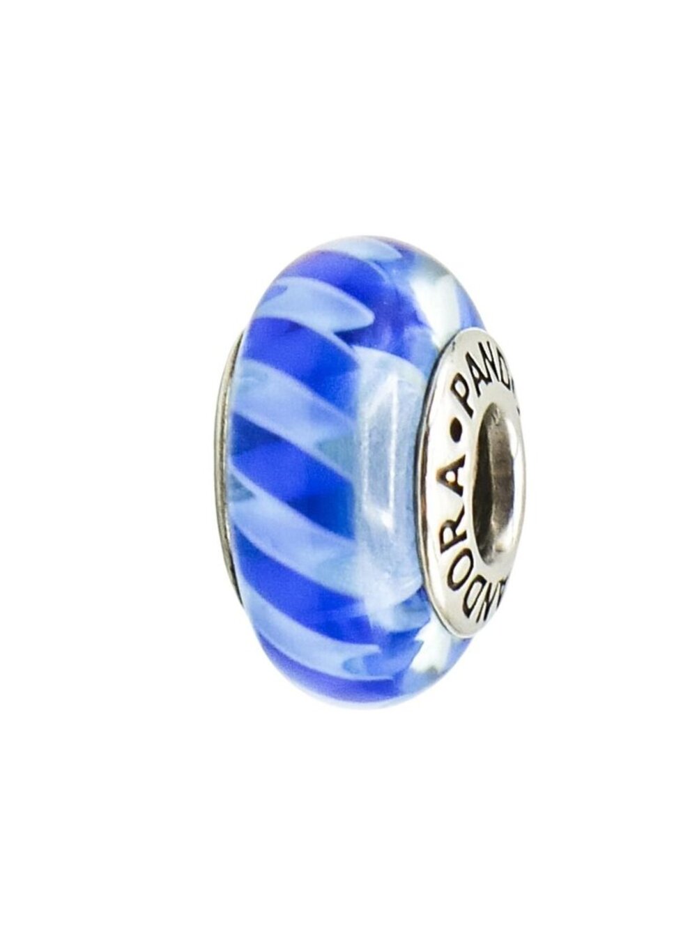 Pandora Teal Blue Stripes Murano Glass Charm Sterling Silver Retired